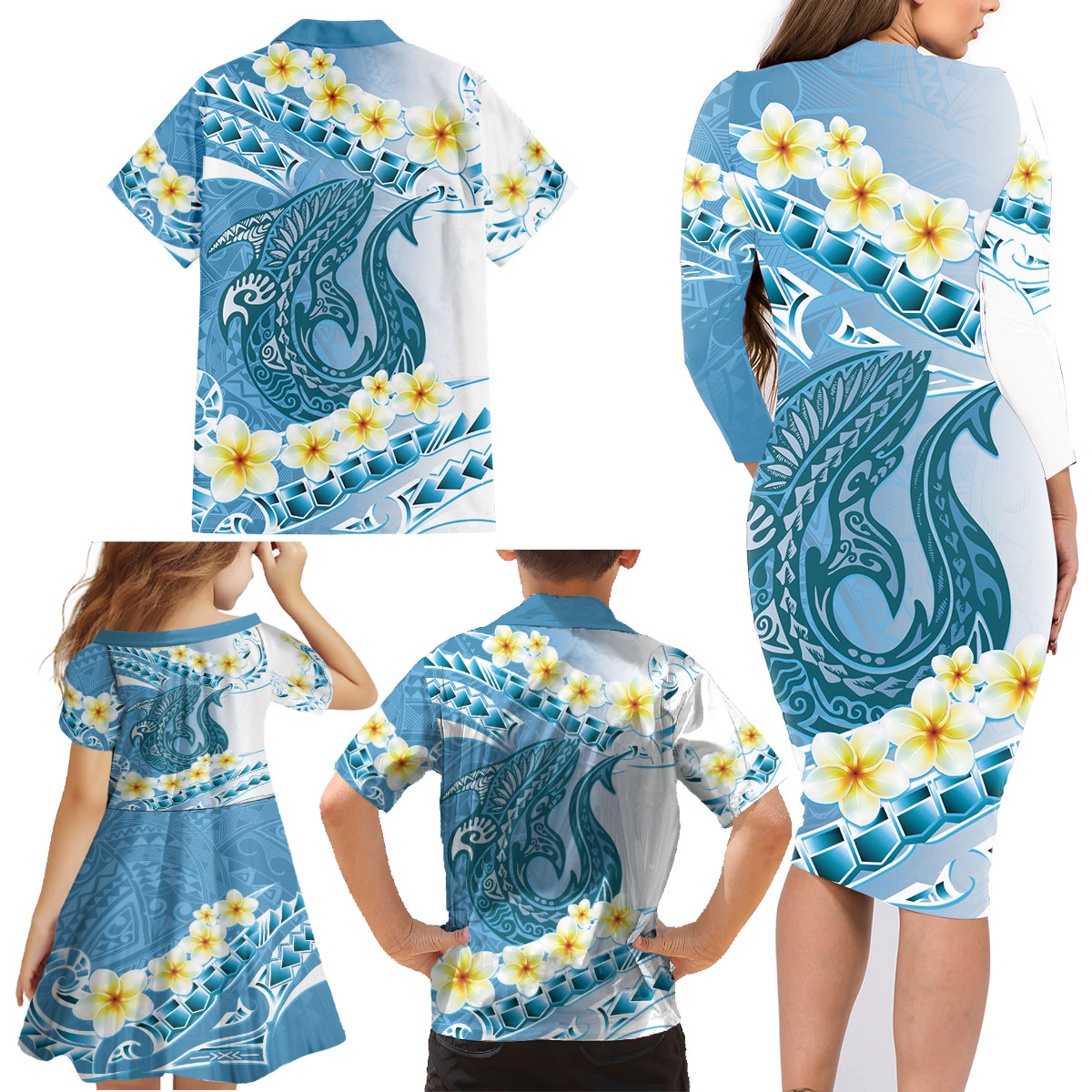 Blue Hawaii Shark Tattoo Family Matching Long Sleeve Bodycon Dress and Hawaiian Shirt Frangipani With Polynesian Pastel Version LT14 - Polynesian Pride