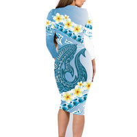 Blue Hawaii Shark Tattoo Family Matching Long Sleeve Bodycon Dress and Hawaiian Shirt Frangipani With Polynesian Pastel Version LT14 - Polynesian Pride