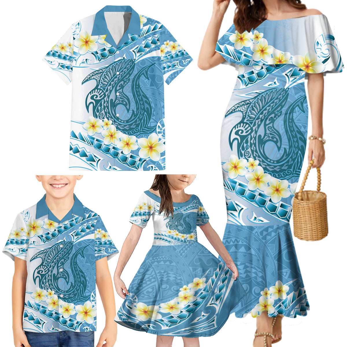 Blue Hawaii Shark Tattoo Family Matching Mermaid Dress and Hawaiian Shirt Frangipani With Polynesian Pastel Version LT14 - Polynesian Pride