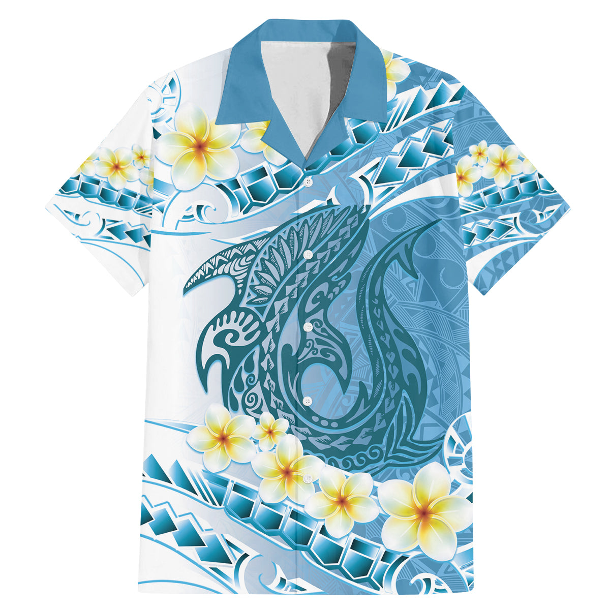 Blue Hawaii Shark Tattoo Family Matching Mermaid Dress and Hawaiian Shirt Frangipani With Polynesian Pastel Version LT14 Dad's Shirt - Short Sleeve Blue - Polynesian Pride