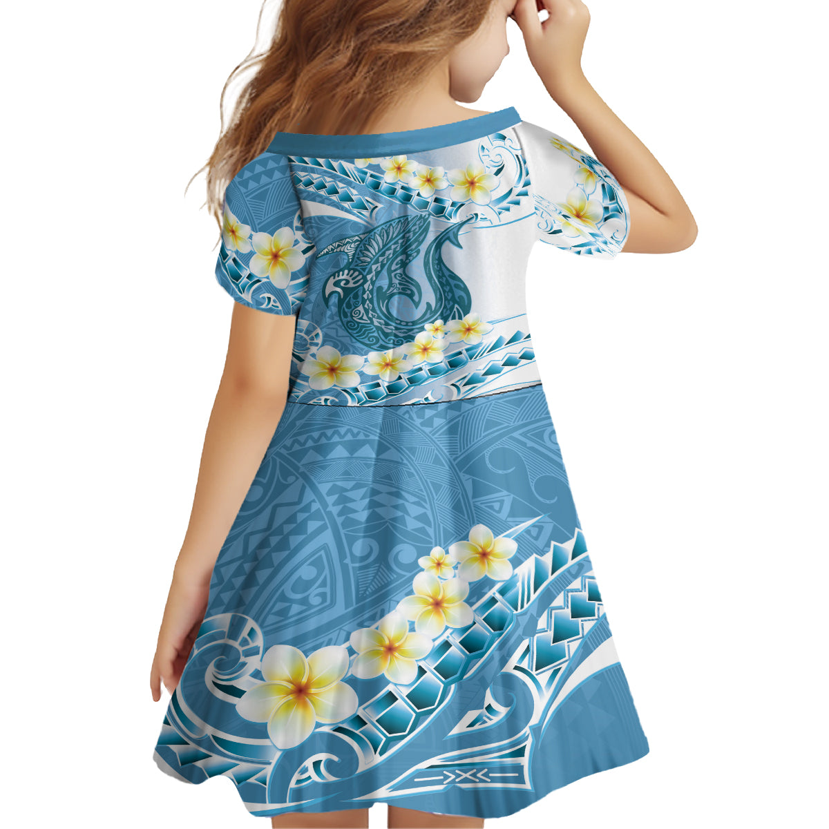 Blue Hawaii Shark Tattoo Family Matching Off The Shoulder Long Sleeve Dress and Hawaiian Shirt Frangipani With Polynesian Pastel Version LT14 - Polynesian Pride