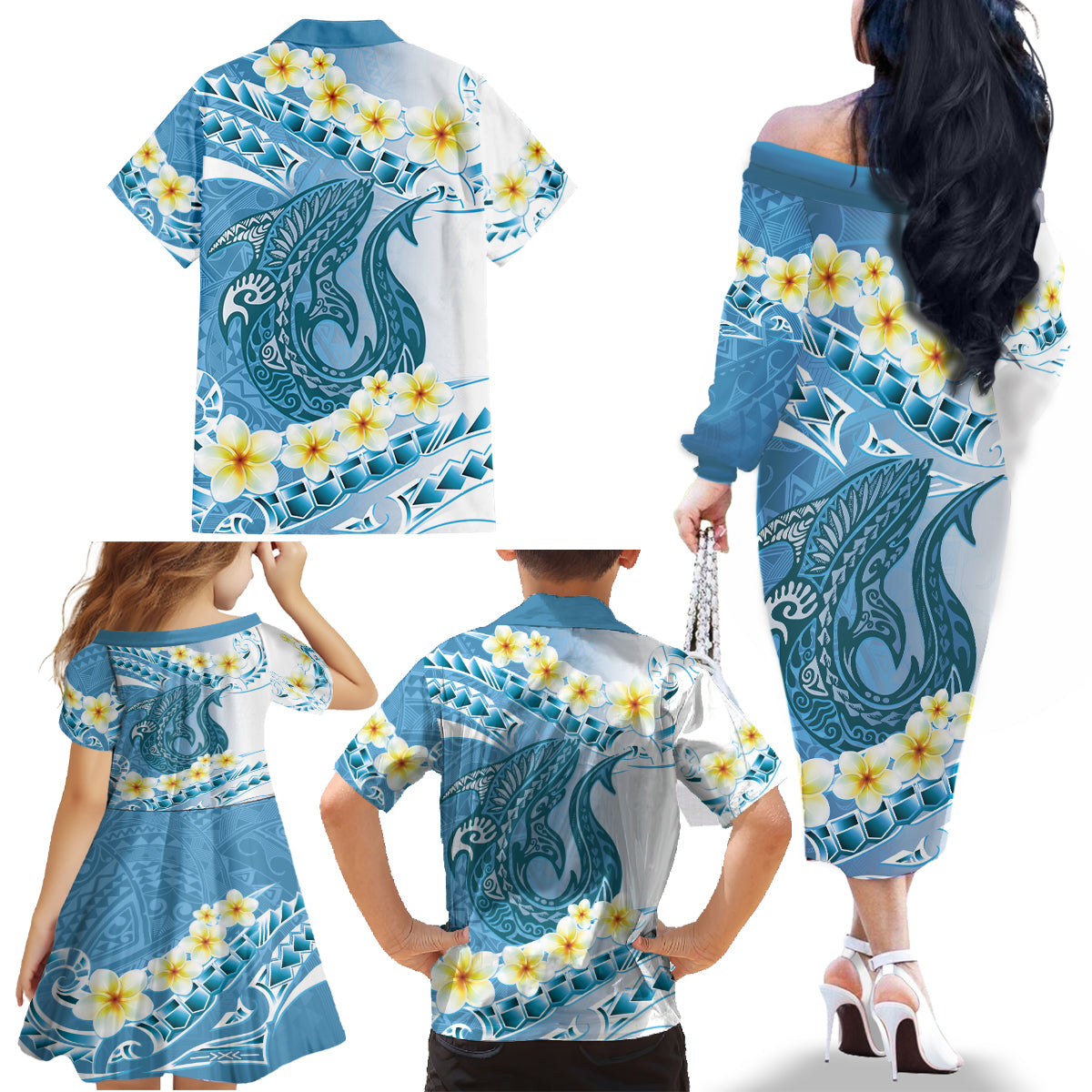 Blue Hawaii Shark Tattoo Family Matching Off The Shoulder Long Sleeve Dress and Hawaiian Shirt Frangipani With Polynesian Pastel Version LT14 - Polynesian Pride
