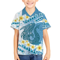 Blue Hawaii Shark Tattoo Family Matching Off The Shoulder Long Sleeve Dress and Hawaiian Shirt Frangipani With Polynesian Pastel Version LT14 Son's Shirt Blue - Polynesian Pride