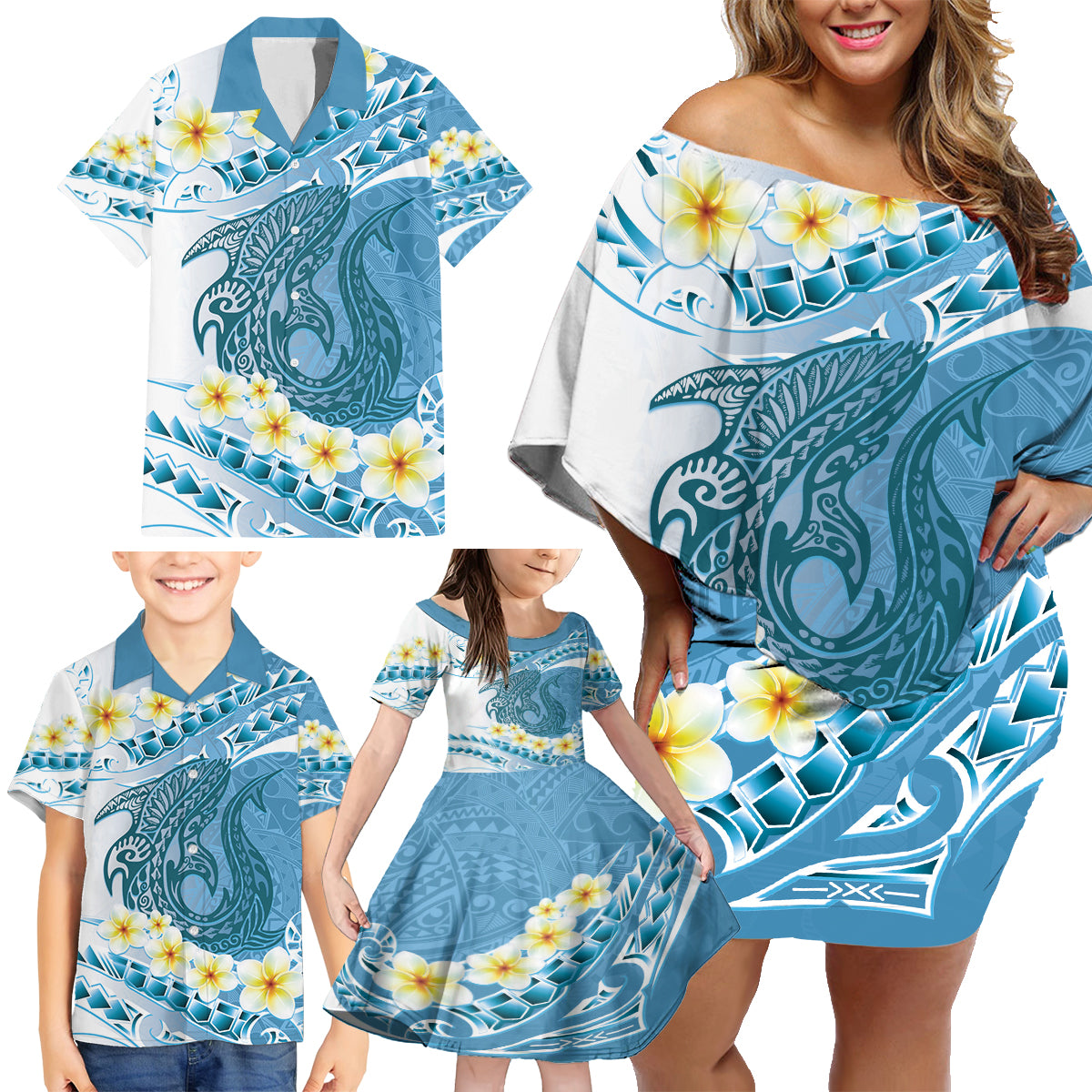 Blue Hawaii Shark Tattoo Family Matching Off Shoulder Short Dress and Hawaiian Shirt Frangipani With Polynesian Pastel Version LT14 - Polynesian Pride