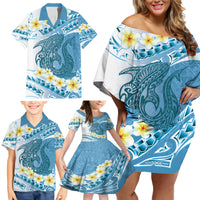 Blue Hawaii Shark Tattoo Family Matching Off Shoulder Short Dress and Hawaiian Shirt Frangipani With Polynesian Pastel Version LT14 - Polynesian Pride