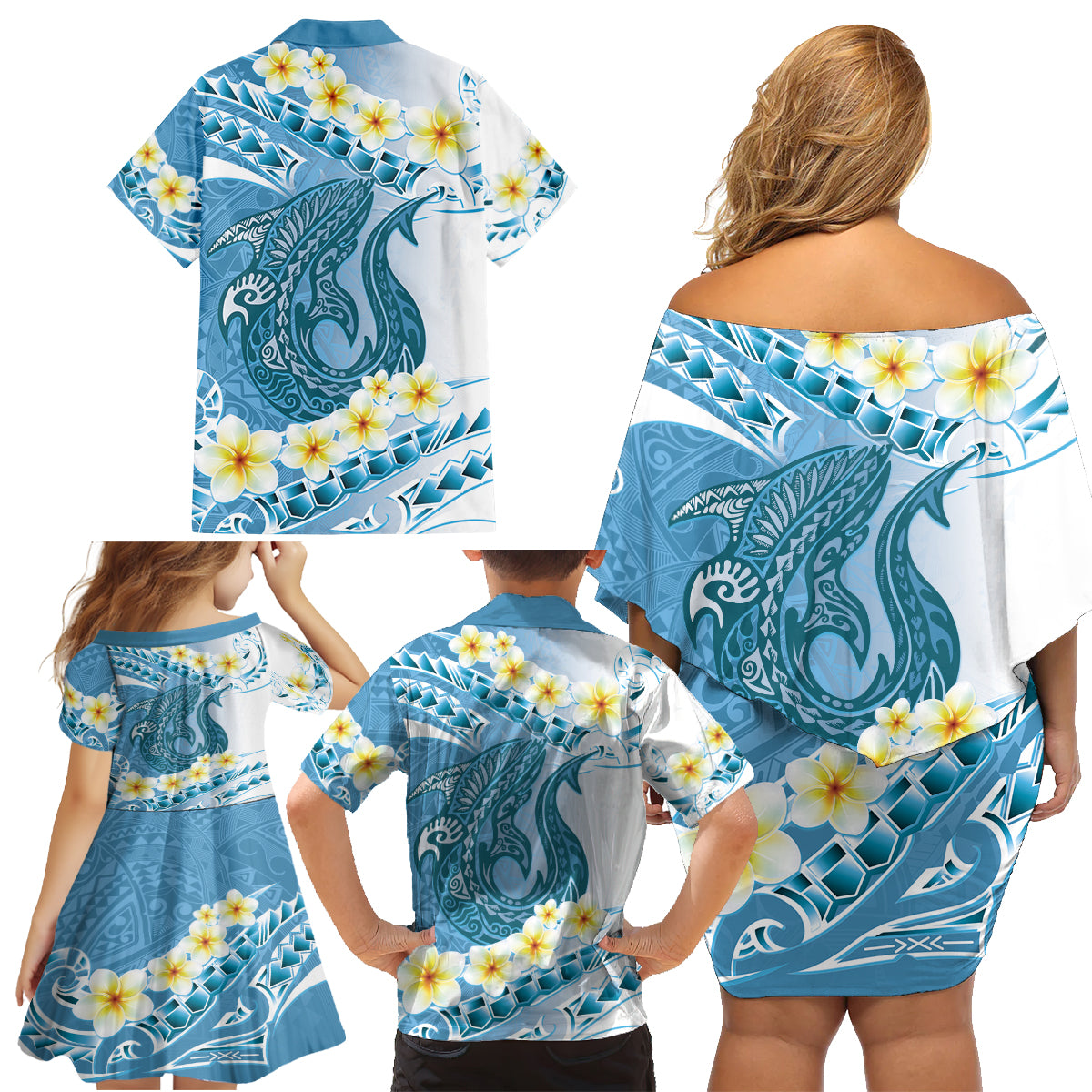 Blue Hawaii Shark Tattoo Family Matching Off Shoulder Short Dress and Hawaiian Shirt Frangipani With Polynesian Pastel Version LT14 - Polynesian Pride