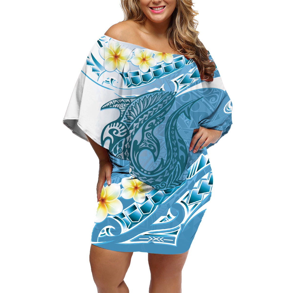 Blue Hawaii Shark Tattoo Family Matching Off Shoulder Short Dress and Hawaiian Shirt Frangipani With Polynesian Pastel Version LT14 Mom's Dress Blue - Polynesian Pride