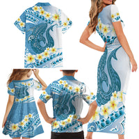 Blue Hawaii Shark Tattoo Family Matching Short Sleeve Bodycon Dress and Hawaiian Shirt Frangipani With Polynesian Pastel Version LT14 - Polynesian Pride