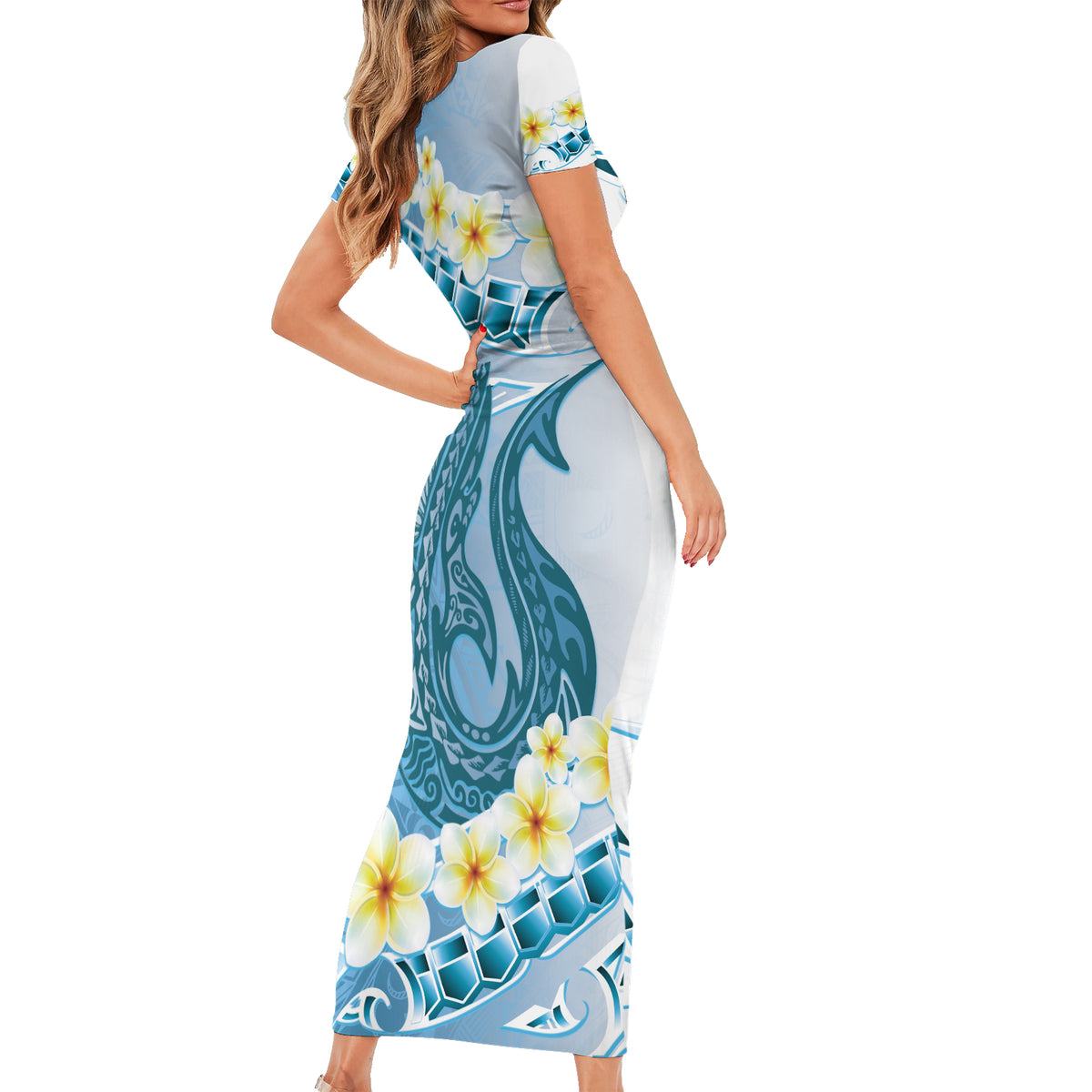 Blue Hawaii Shark Tattoo Family Matching Short Sleeve Bodycon Dress and Hawaiian Shirt Frangipani With Polynesian Pastel Version LT14 - Polynesian Pride