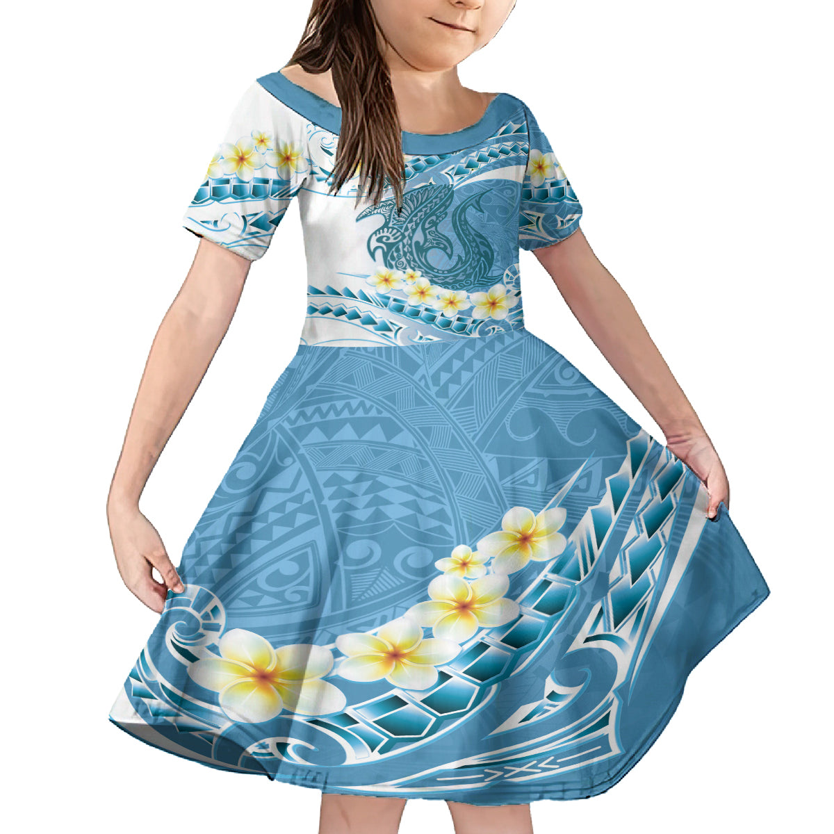 Blue Hawaii Shark Tattoo Family Matching Tank Maxi Dress and Hawaiian Shirt Frangipani With Polynesian Pastel Version LT14 Daughter's Dress Blue - Polynesian Pride