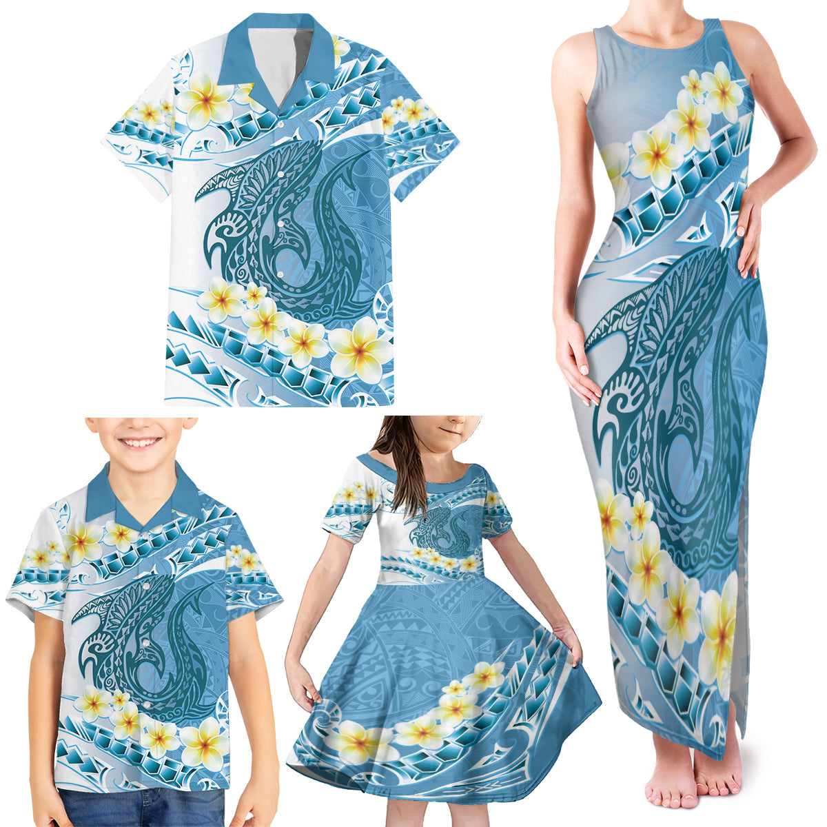 Blue Hawaii Shark Tattoo Family Matching Tank Maxi Dress and Hawaiian Shirt Frangipani With Polynesian Pastel Version LT14 - Polynesian Pride