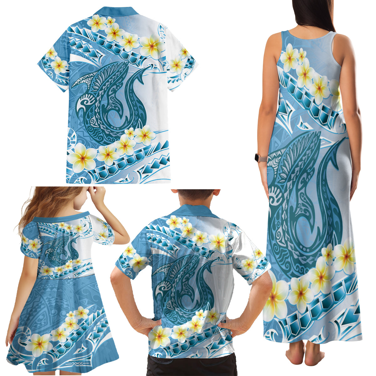 Blue Hawaii Shark Tattoo Family Matching Tank Maxi Dress and Hawaiian Shirt Frangipani With Polynesian Pastel Version LT14 - Polynesian Pride