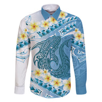 Blue Hawaii Shark Tattoo Family Matching Tank Maxi Dress and Hawaiian Shirt Frangipani With Polynesian Pastel Version LT14 Dad's Shirt - Long Sleeve Blue - Polynesian Pride
