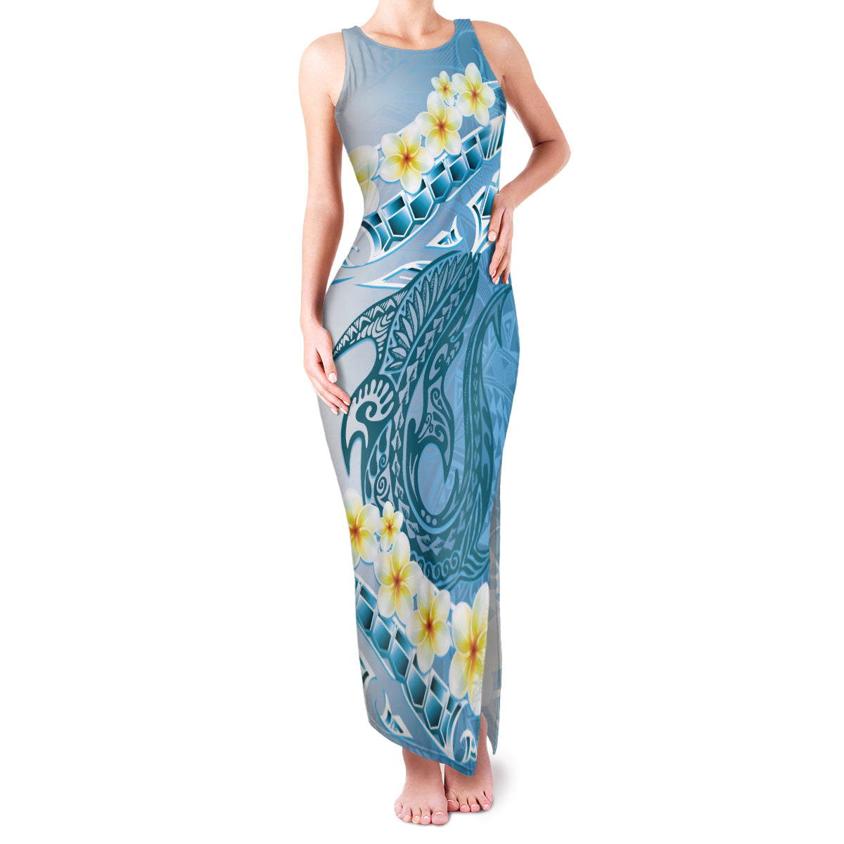 Blue Hawaii Shark Tattoo Family Matching Tank Maxi Dress and Hawaiian Shirt Frangipani With Polynesian Pastel Version LT14 Mom's Dress Blue - Polynesian Pride