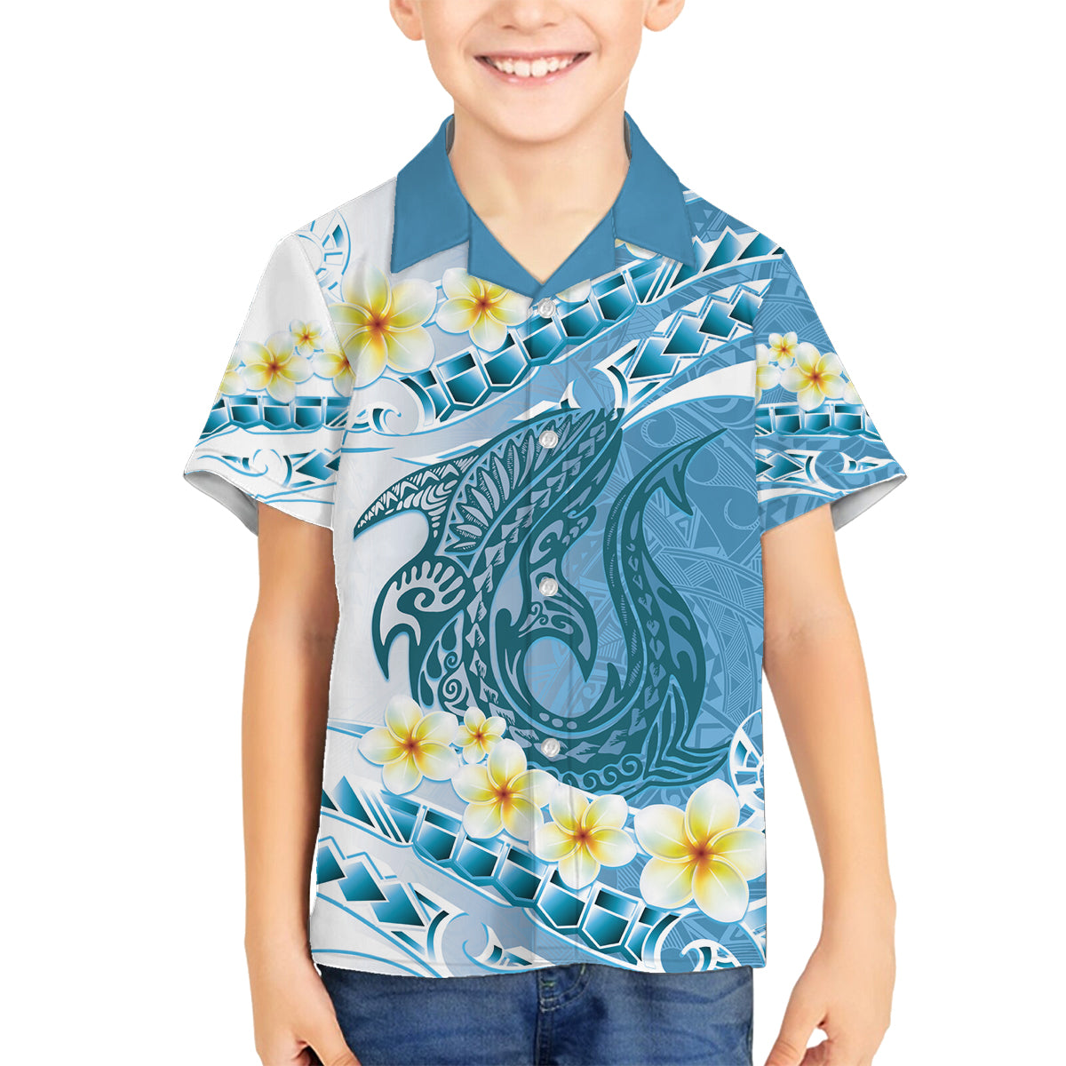 Blue Hawaii Shark Tattoo Family Matching Tank Maxi Dress and Hawaiian Shirt Frangipani With Polynesian Pastel Version LT14 Son's Shirt Blue - Polynesian Pride