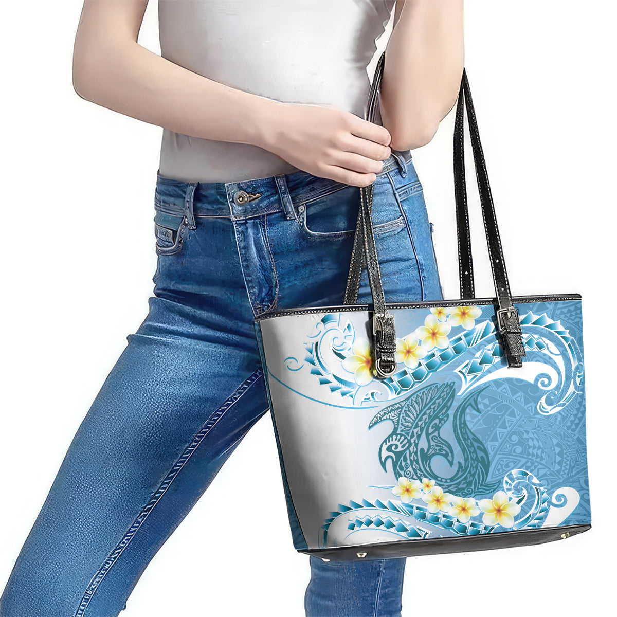 Blue Hawaii Shark Tattoo Leather Tote Bag Frangipani With Polynesian Pastel Version