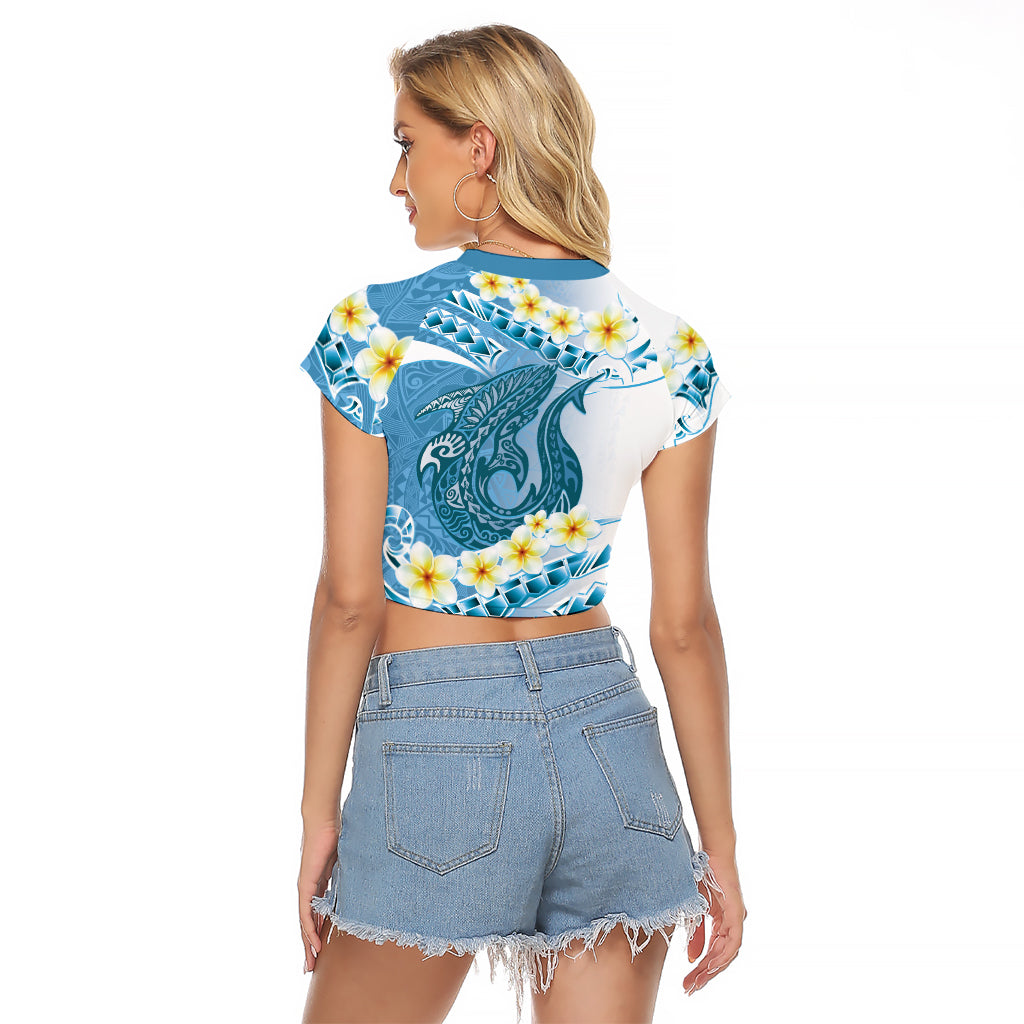Blue Hawaii Shark Tattoo Raglan Cropped T Shirt Frangipani With Polynesian Pastel Version