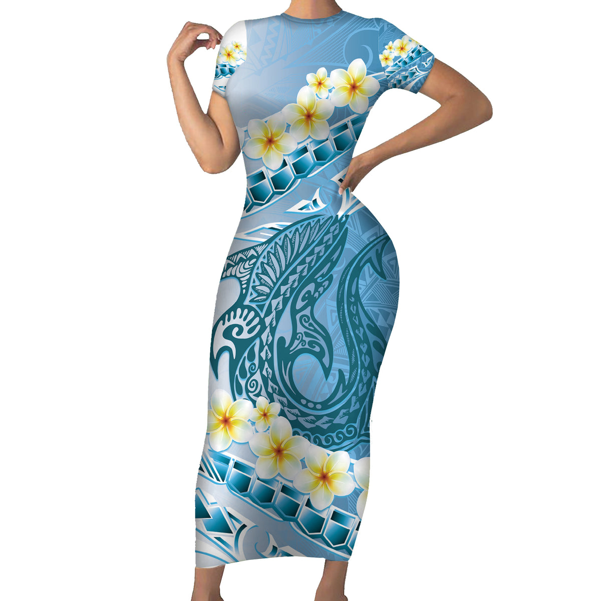 Blue Hawaii Shark Tattoo Short Sleeve Bodycon Dress Frangipani With Polynesian Pastel Version LT14 Long Dress Blue - Polynesian Pride