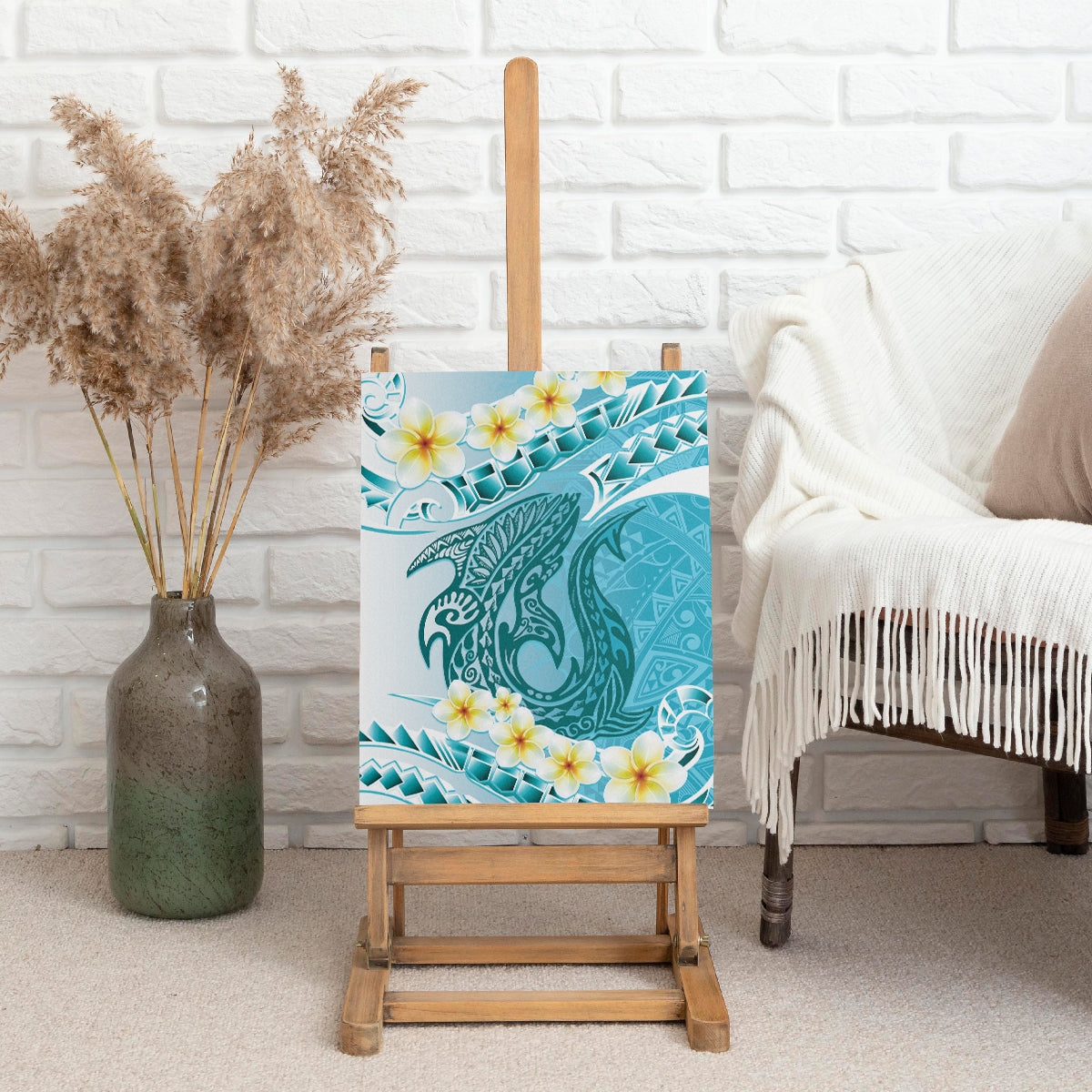 Turquoise Hawaii Shark Tattoo Canvas Wall Art Frangipani With Polynesian Pastel Version