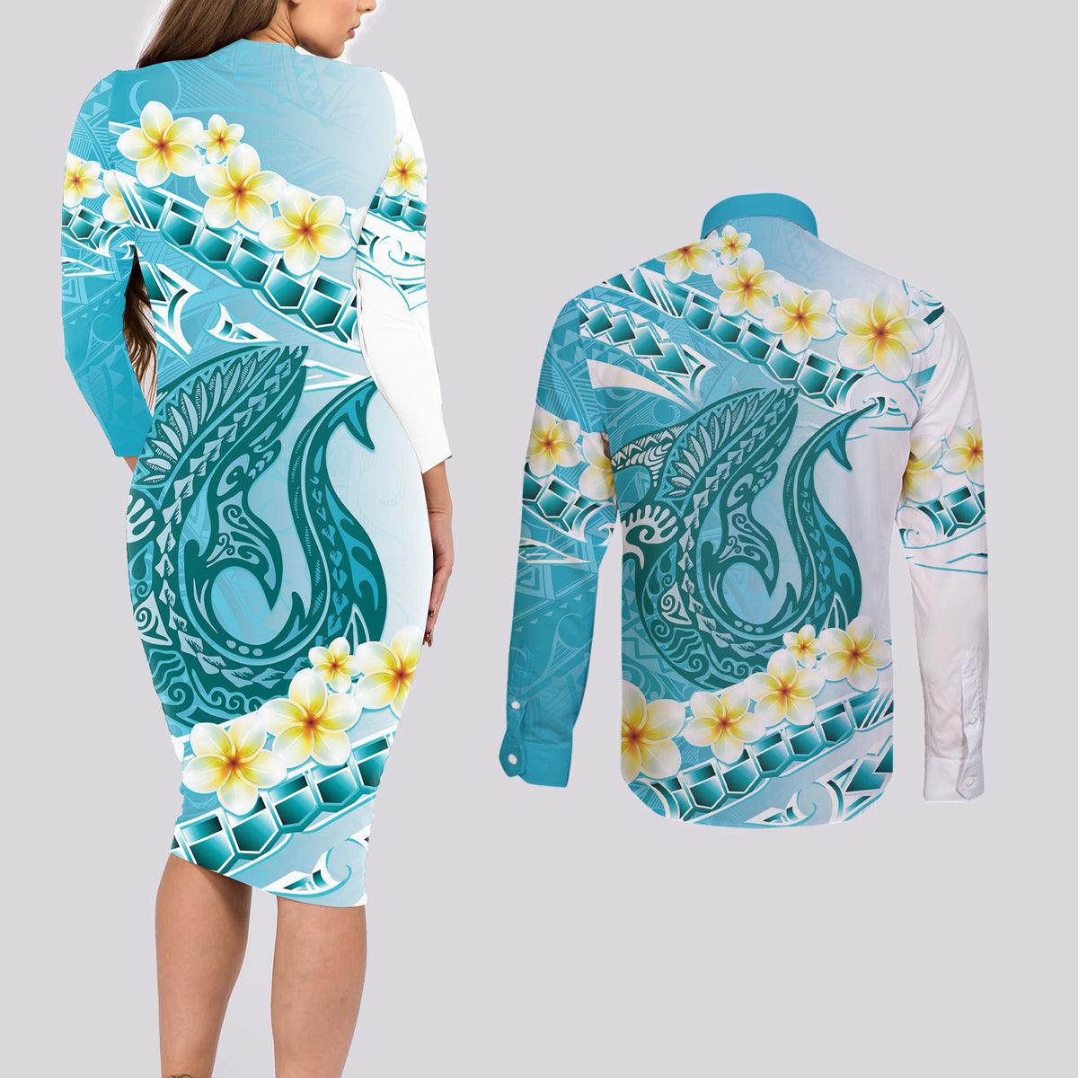 Turquoise Hawaii Shark Tattoo Couples Matching Long Sleeve Bodycon Dress and Long Sleeve Button Shirt Frangipani With Polynesian Pastel Version