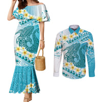 Turquoise Hawaii Shark Tattoo Couples Matching Mermaid Dress and Long Sleeve Button Shirt Frangipani With Polynesian Pastel Version