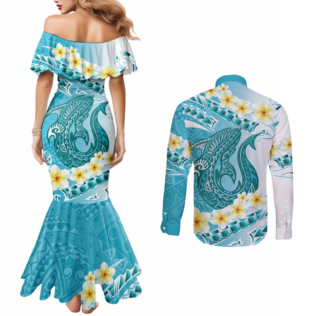 Turquoise Hawaii Shark Tattoo Couples Matching Mermaid Dress and Long Sleeve Button Shirt Frangipani With Polynesian Pastel Version