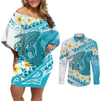 Turquoise Hawaii Shark Tattoo Couples Matching Off Shoulder Short Dress and Long Sleeve Button Shirt Frangipani With Polynesian Pastel Version
