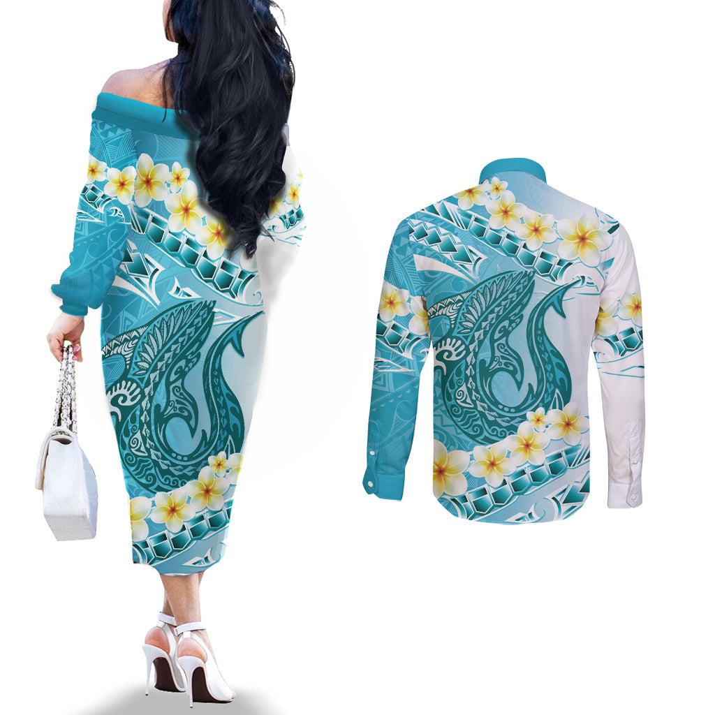 Turquoise Hawaii Shark Tattoo Couples Matching Off The Shoulder Long Sleeve Dress and Long Sleeve Button Shirt Frangipani With Polynesian Pastel Version
