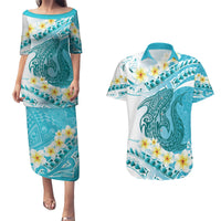 Turquoise Hawaii Shark Tattoo Couples Matching Puletasi and Hawaiian Shirt Frangipani With Polynesian Pastel Version