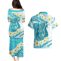 Turquoise Hawaii Shark Tattoo Couples Matching Puletasi and Hawaiian Shirt Frangipani With Polynesian Pastel Version