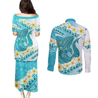 Turquoise Hawaii Shark Tattoo Couples Matching Puletasi and Long Sleeve Button Shirt Frangipani With Polynesian Pastel Version
