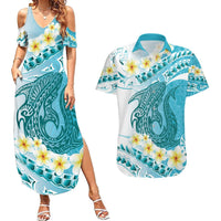 Turquoise Hawaii Shark Tattoo Couples Matching Summer Maxi Dress and Hawaiian Shirt Frangipani With Polynesian Pastel Version