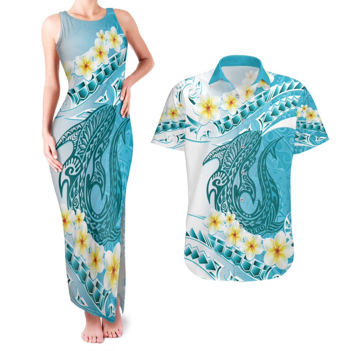 Turquoise Hawaii Shark Tattoo Couples Matching Tank Maxi Dress and Hawaiian Shirt Frangipani With Polynesian Pastel Version