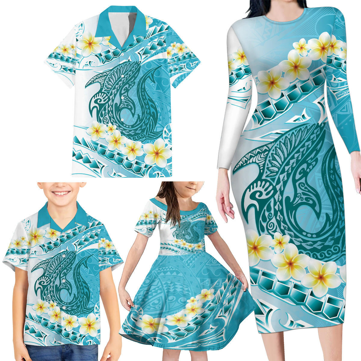 Turquoise Hawaii Shark Tattoo Family Matching Long Sleeve Bodycon Dress and Hawaiian Shirt Frangipani With Polynesian Pastel Version LT14 - Polynesian Pride