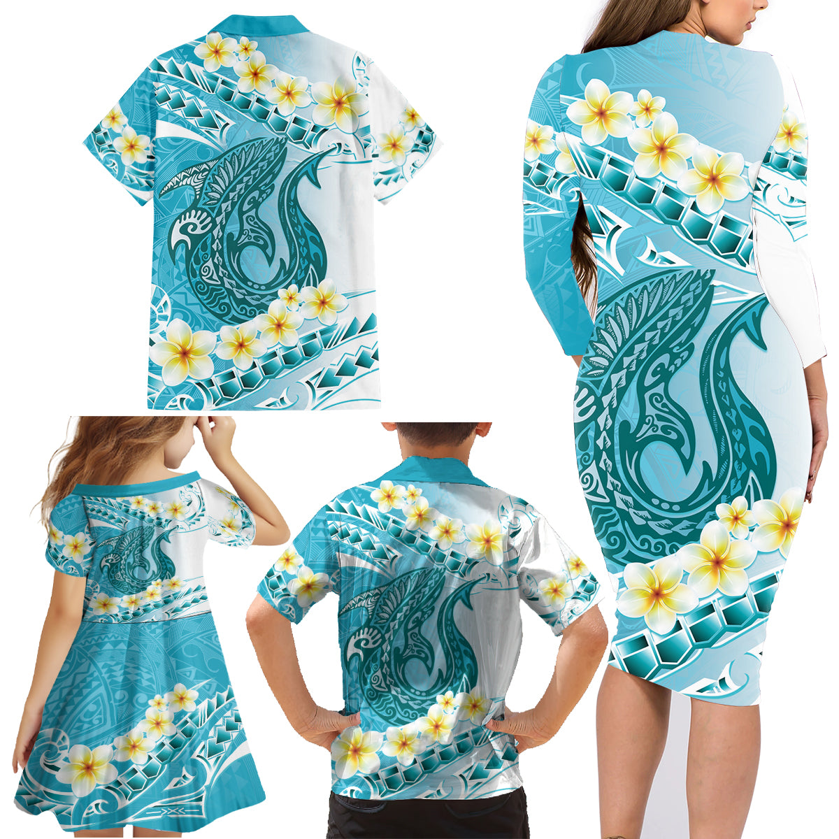 Turquoise Hawaii Shark Tattoo Family Matching Long Sleeve Bodycon Dress and Hawaiian Shirt Frangipani With Polynesian Pastel Version LT14 - Polynesian Pride