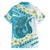 Turquoise Hawaii Shark Tattoo Family Matching Long Sleeve Bodycon Dress and Hawaiian Shirt Frangipani With Polynesian Pastel Version