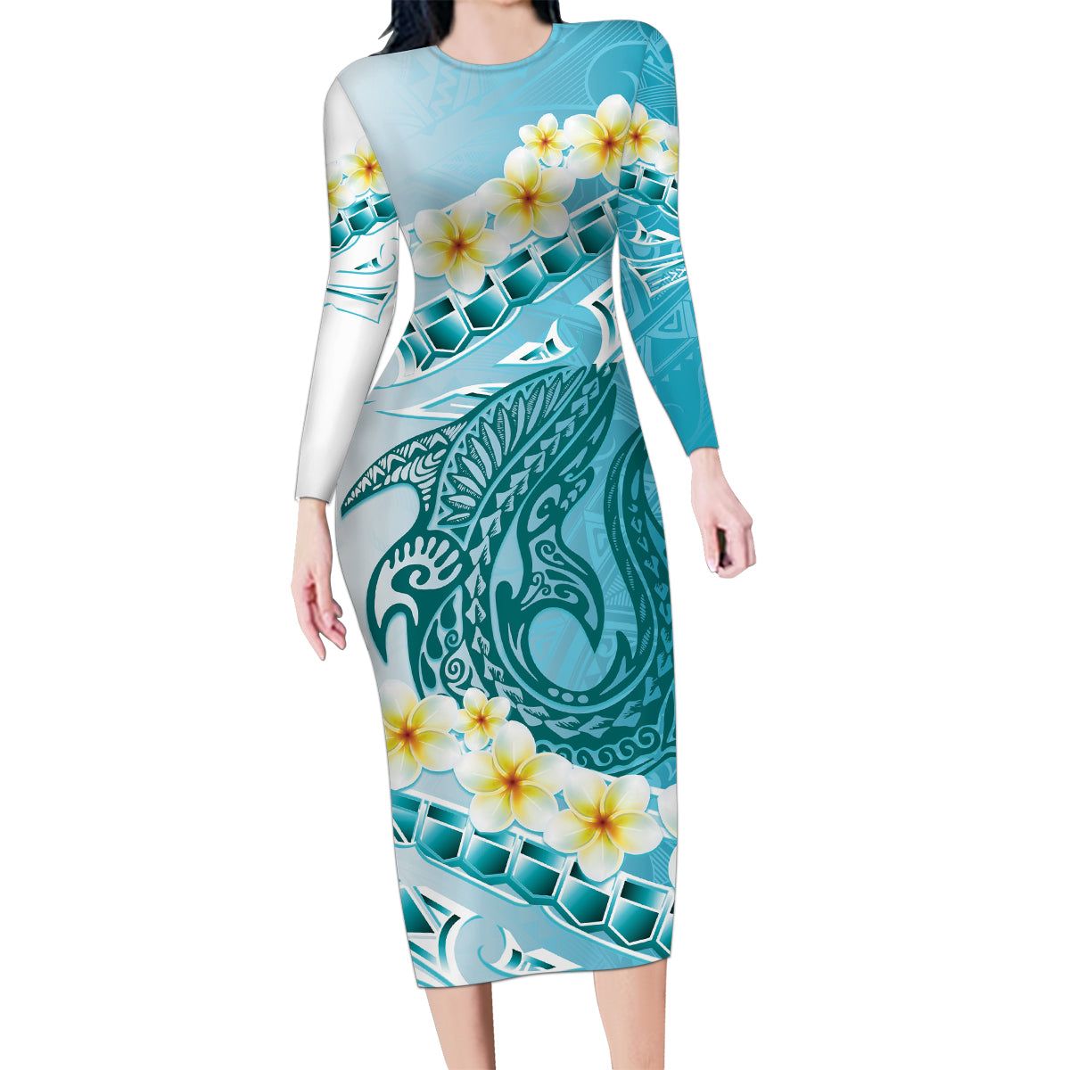 Turquoise Hawaii Shark Tattoo Family Matching Long Sleeve Bodycon Dress and Hawaiian Shirt Frangipani With Polynesian Pastel Version LT14 Mom's Dress Turquoise - Polynesian Pride