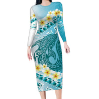 Turquoise Hawaii Shark Tattoo Family Matching Long Sleeve Bodycon Dress and Hawaiian Shirt Frangipani With Polynesian Pastel Version LT14 Mom's Dress Turquoise - Polynesian Pride