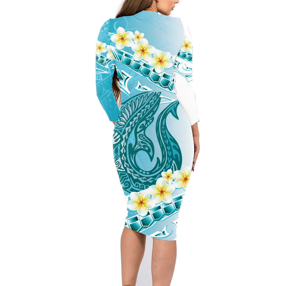 Turquoise Hawaii Shark Tattoo Family Matching Long Sleeve Bodycon Dress and Hawaiian Shirt Frangipani With Polynesian Pastel Version LT14 - Polynesian Pride