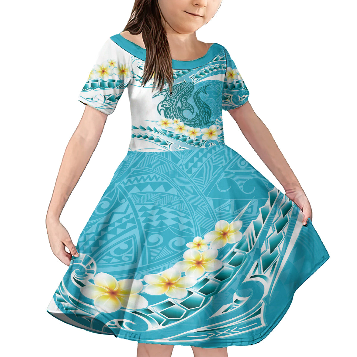 Turquoise Hawaii Shark Tattoo Family Matching Mermaid Dress and Hawaiian Shirt Frangipani With Polynesian Pastel Version LT14 Daughter's Dress Turquoise - Polynesian Pride