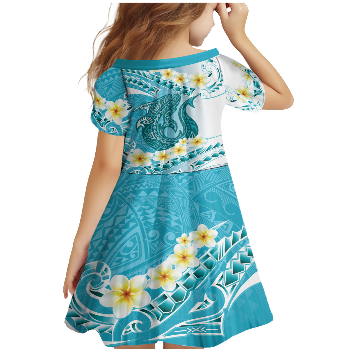 Turquoise Hawaii Shark Tattoo Family Matching Mermaid Dress and Hawaiian Shirt Frangipani With Polynesian Pastel Version LT14 - Polynesian Pride