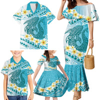 Turquoise Hawaii Shark Tattoo Family Matching Mermaid Dress and Hawaiian Shirt Frangipani With Polynesian Pastel Version LT14 - Polynesian Pride