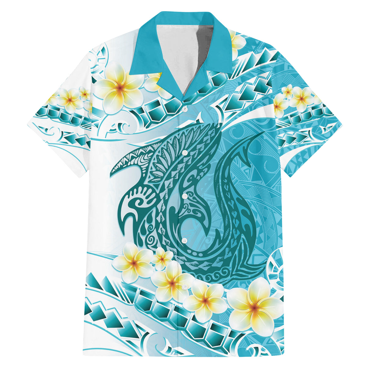 Turquoise Hawaii Shark Tattoo Family Matching Mermaid Dress and Hawaiian Shirt Frangipani With Polynesian Pastel Version LT14 Dad's Shirt - Short Sleeve Turquoise - Polynesian Pride