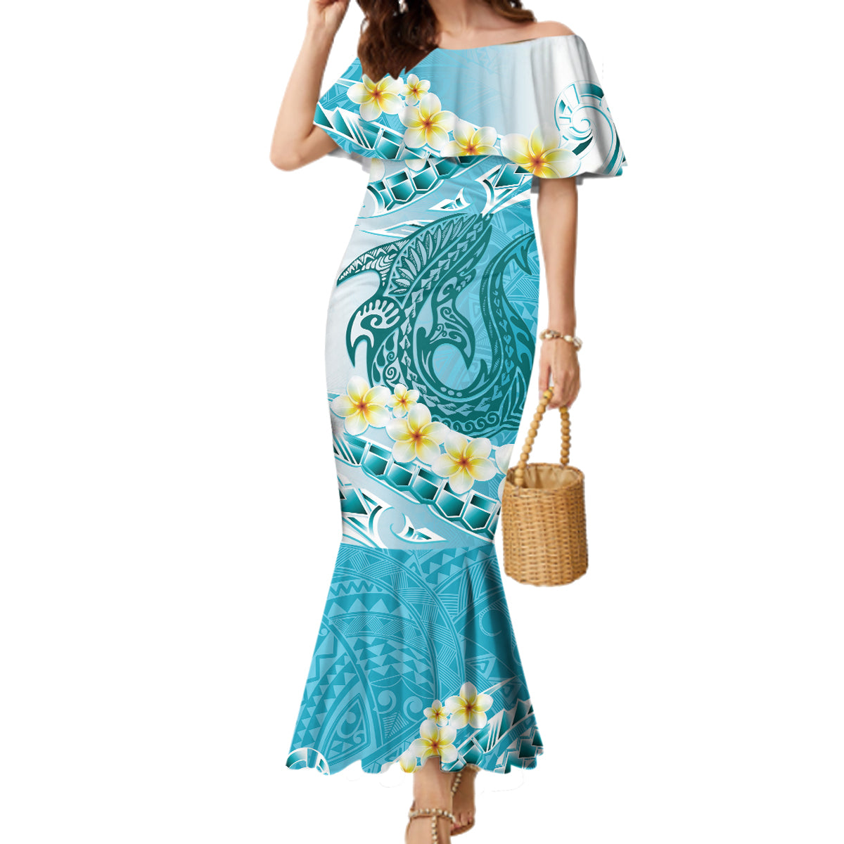 Turquoise Hawaii Shark Tattoo Family Matching Mermaid Dress and Hawaiian Shirt Frangipani With Polynesian Pastel Version LT14 Mom's Dress Turquoise - Polynesian Pride