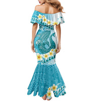 Turquoise Hawaii Shark Tattoo Family Matching Mermaid Dress and Hawaiian Shirt Frangipani With Polynesian Pastel Version LT14 - Polynesian Pride