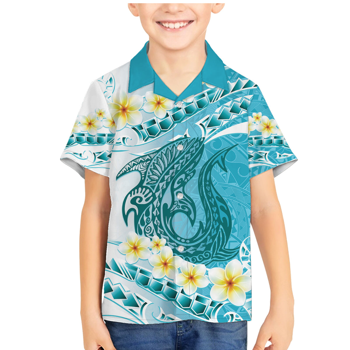 Turquoise Hawaii Shark Tattoo Family Matching Mermaid Dress and Hawaiian Shirt Frangipani With Polynesian Pastel Version LT14 Son's Shirt Turquoise - Polynesian Pride