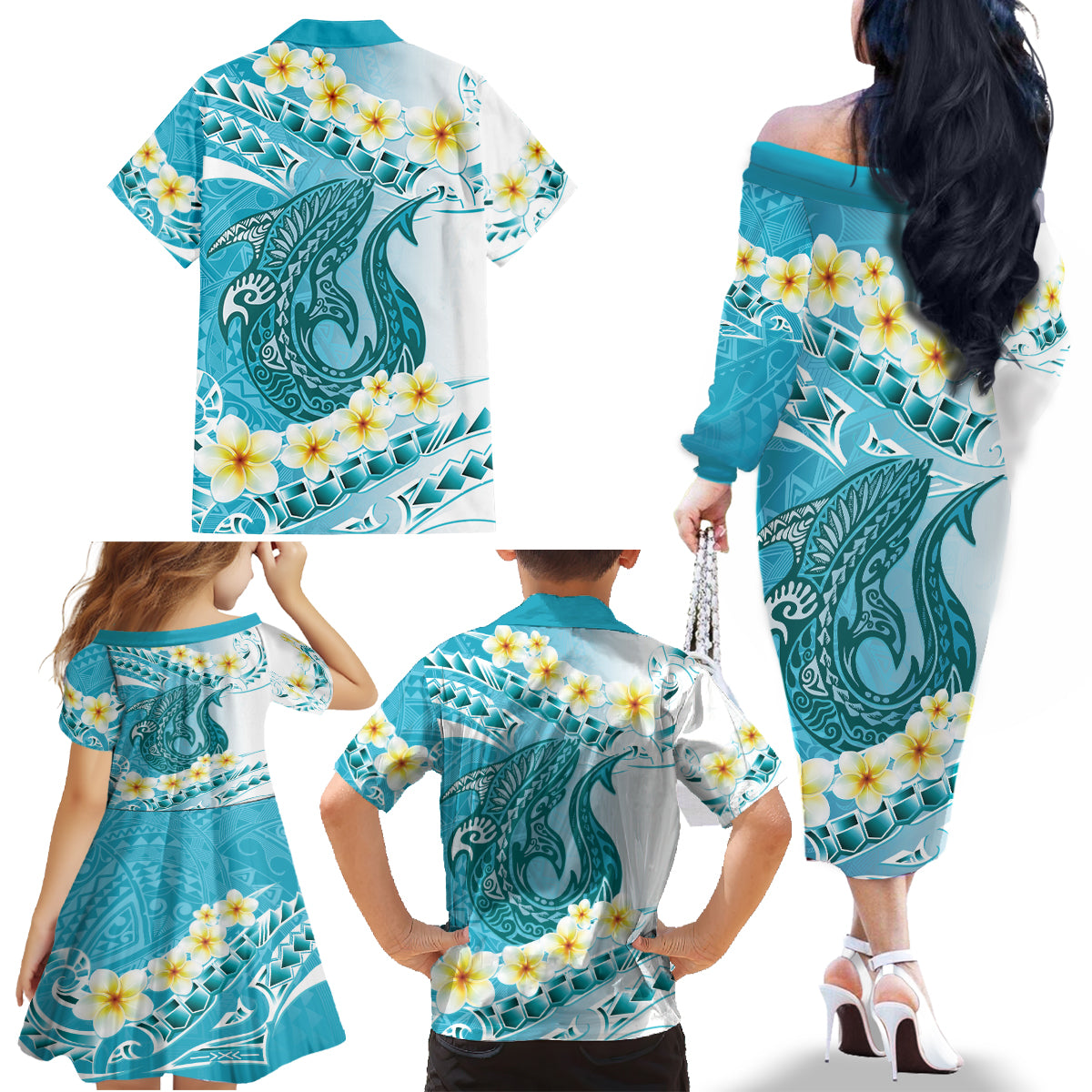 Turquoise Hawaii Shark Tattoo Family Matching Off The Shoulder Long Sleeve Dress and Hawaiian Shirt Frangipani With Polynesian Pastel Version LT14 - Polynesian Pride