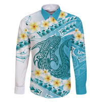 Turquoise Hawaii Shark Tattoo Family Matching Off The Shoulder Long Sleeve Dress and Hawaiian Shirt Frangipani With Polynesian Pastel Version LT14 Dad's Shirt - Long Sleeve Turquoise - Polynesian Pride