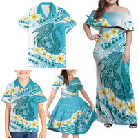 Turquoise Hawaii Shark Tattoo Family Matching Off Shoulder Maxi Dress and Hawaiian Shirt Frangipani With Polynesian Pastel Version LT14 - Polynesian Pride