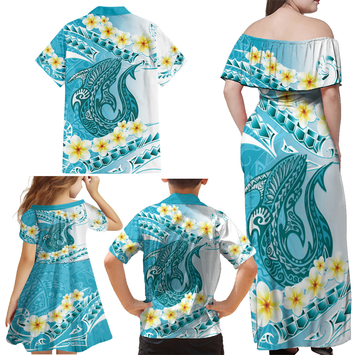 Turquoise Hawaii Shark Tattoo Family Matching Off Shoulder Maxi Dress and Hawaiian Shirt Frangipani With Polynesian Pastel Version LT14 - Polynesian Pride